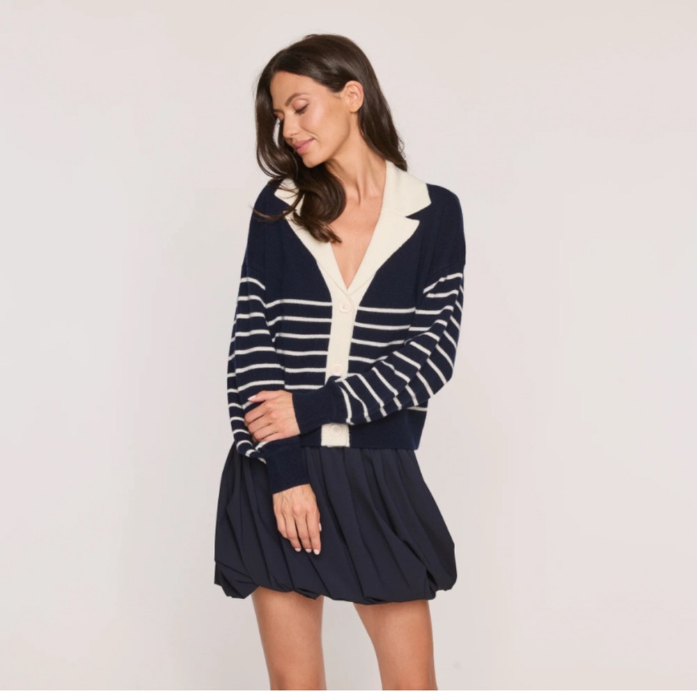 The Cashmere Project Navy Ivory Striped Nautical Collared Cardigan NWOT M